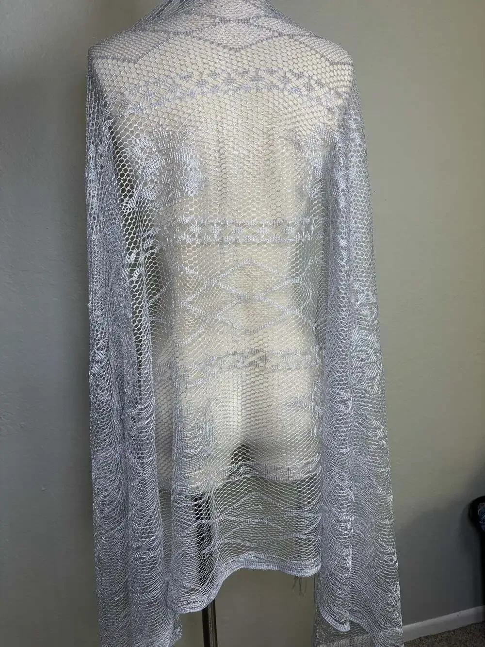 Silver Metallic Shimmer Lace Fringe Evening Shawl Wrap